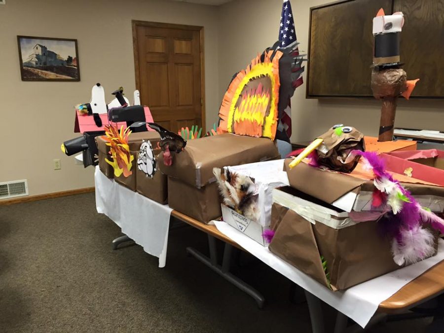 Some of the Thanksgiving boxes, made by students at Mead Elementary, ready to be distributed. 