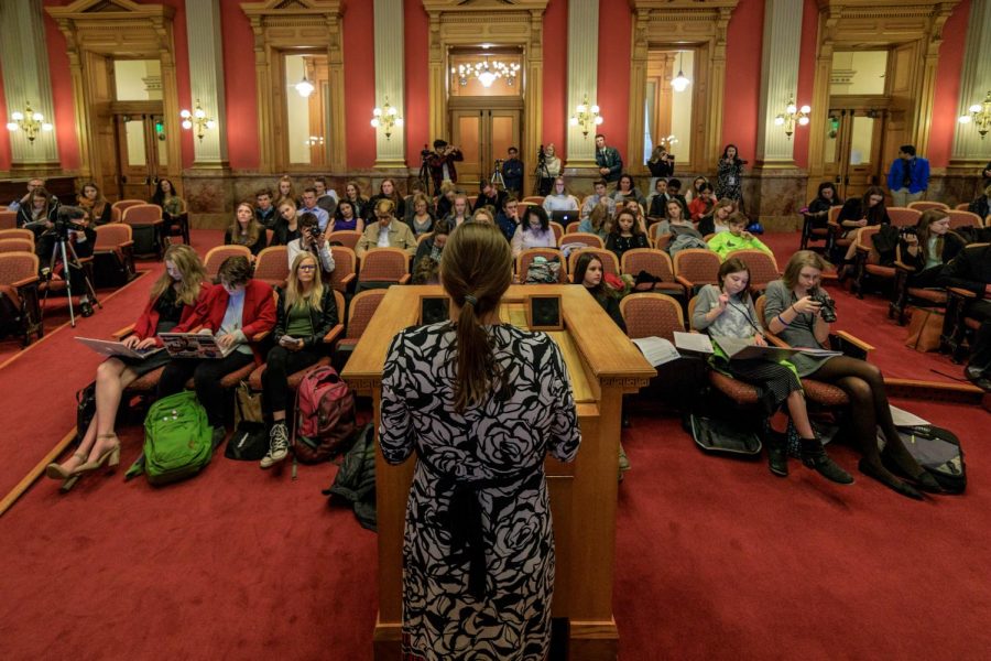 Denver Post Editor Megan Schrader holds a press conference with the students in attendance, offering a message of hope. She reminds them to not “feel confined and limited by the fact that [they] are student journalists.” (2017) 