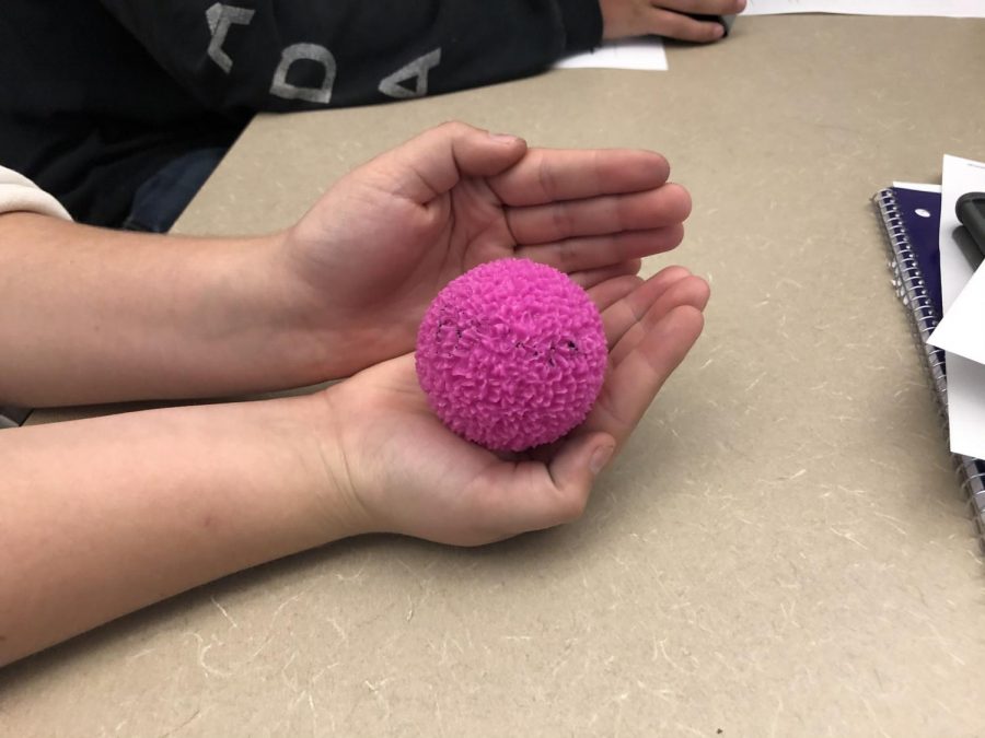 A student holding her fidget toy in Bradts  exceptional learning classroom.