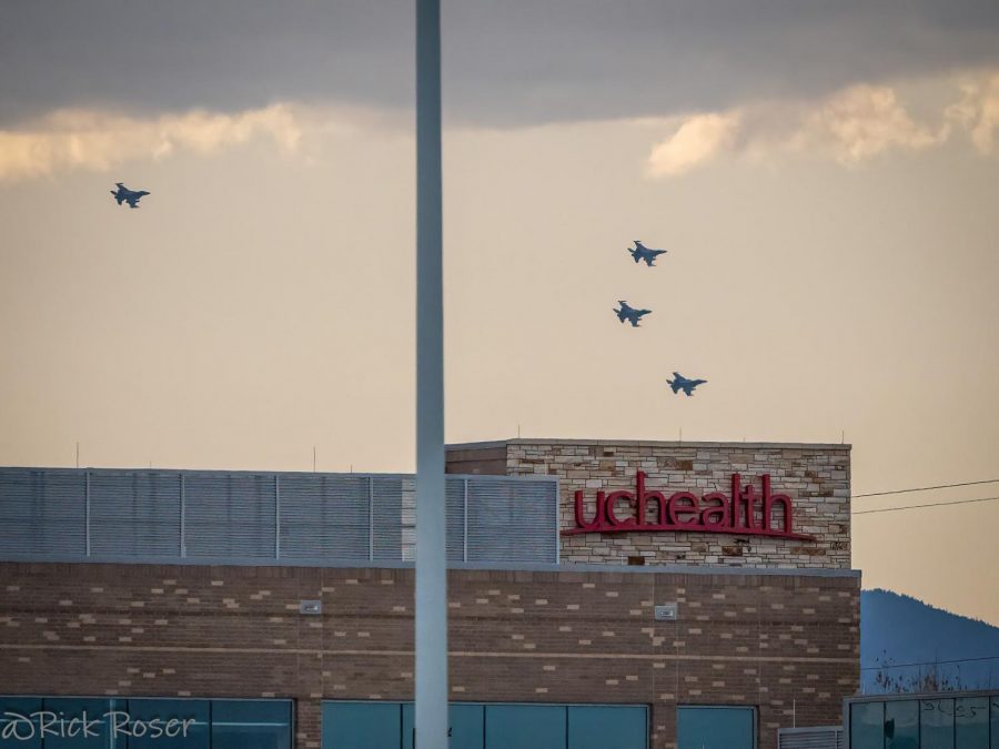 Four F-16s from the Warriors of the 140th Wing of the Colorado Air National Guard flyover Longmonts UCHealth on 119.