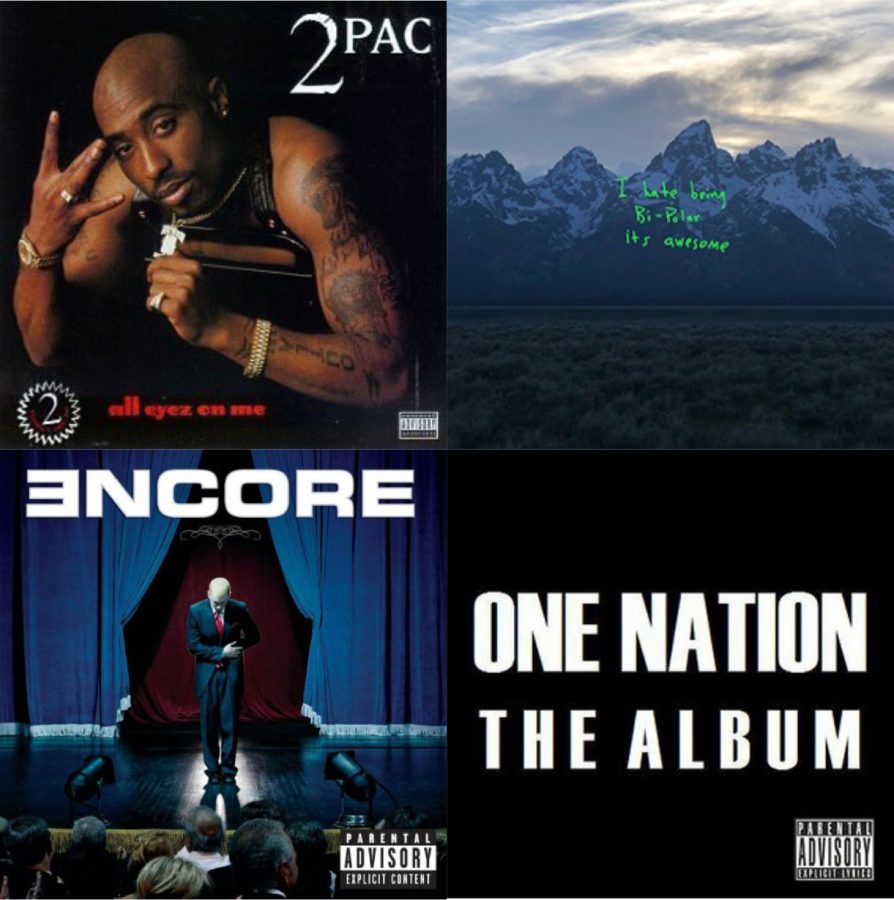Rap+artists+such+as+Tupac%2C+Kanye+West%2C+and+Eminem+have+released+albums+such+as+All+Eyez+On+Me%2C+One+Nation%2C+Ye%2C+Encore%2C+and+many+others.
