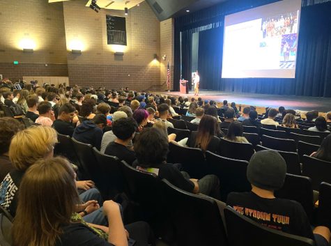 9th and 10th grade students gather in the auditorium for their class meeting on Aug. 18 during Advisory.
