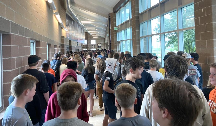 Freshman enter the hallways of Mead High School on the first day of the 2022-2023 school year.