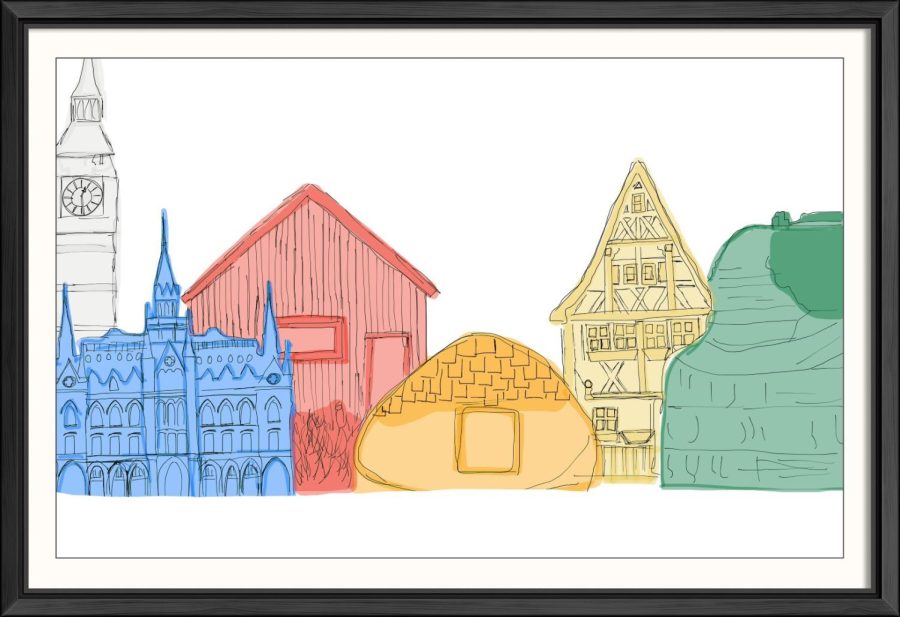 Landmarks, architecture, and landscape are highlighted from left to right: England, Sweden, Norway, Cherokee, Germany, and Ireland.