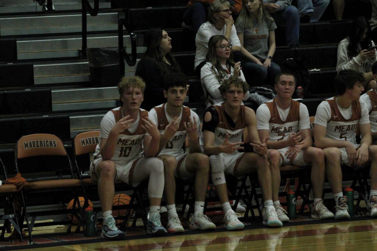 Mead starters pose on the bench at the end of an easy win against Lakewood. 