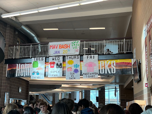 Spirit week theme banners, made by Student Council, hanging in the lobby.