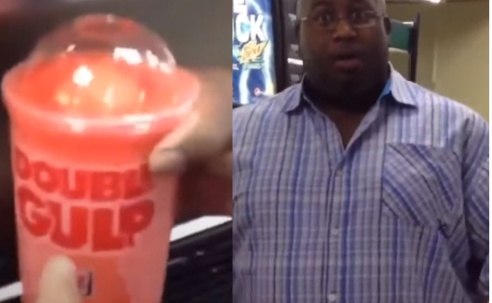 The original video of the man filling a Double Gulp Cup with Slurpee. *Screenshot of original TikTok. 