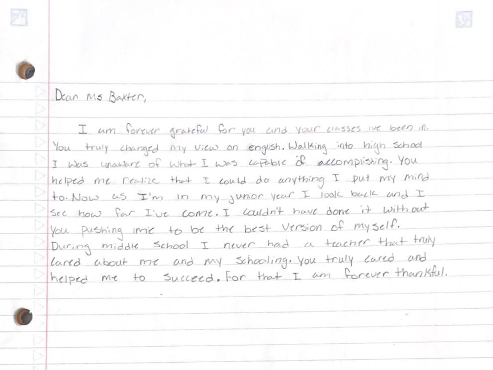 Thank you letter to Ms. Baxter