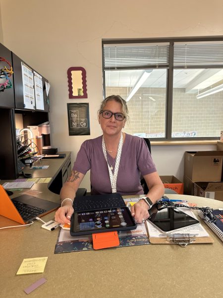 Ms. Becky smiles for photo as MHS’ new media clerk