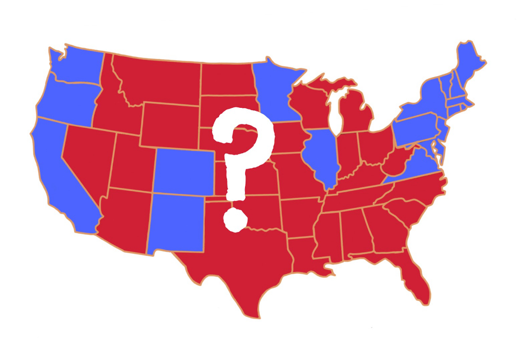 During a presidential election the party that won a state, either Democrat or Republican (independent voting is also an option), is largely represented by blue and red respectively. 