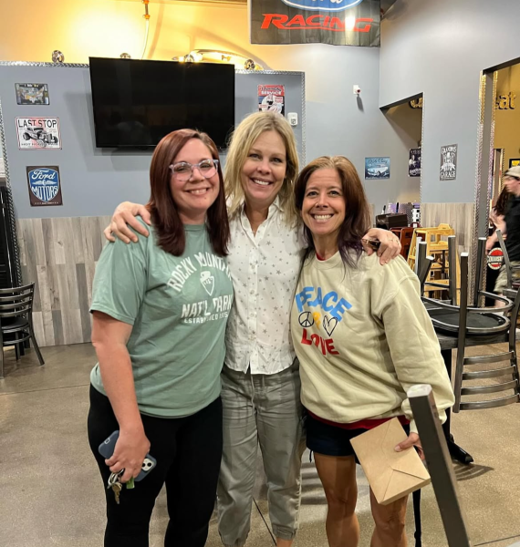 Ms. HJ and two colleagues (Ms. Hedlun to the far left and Ms. Kraft in the middle) enjoy a celebratory dinner at the end of the 2023-2024 school year. 