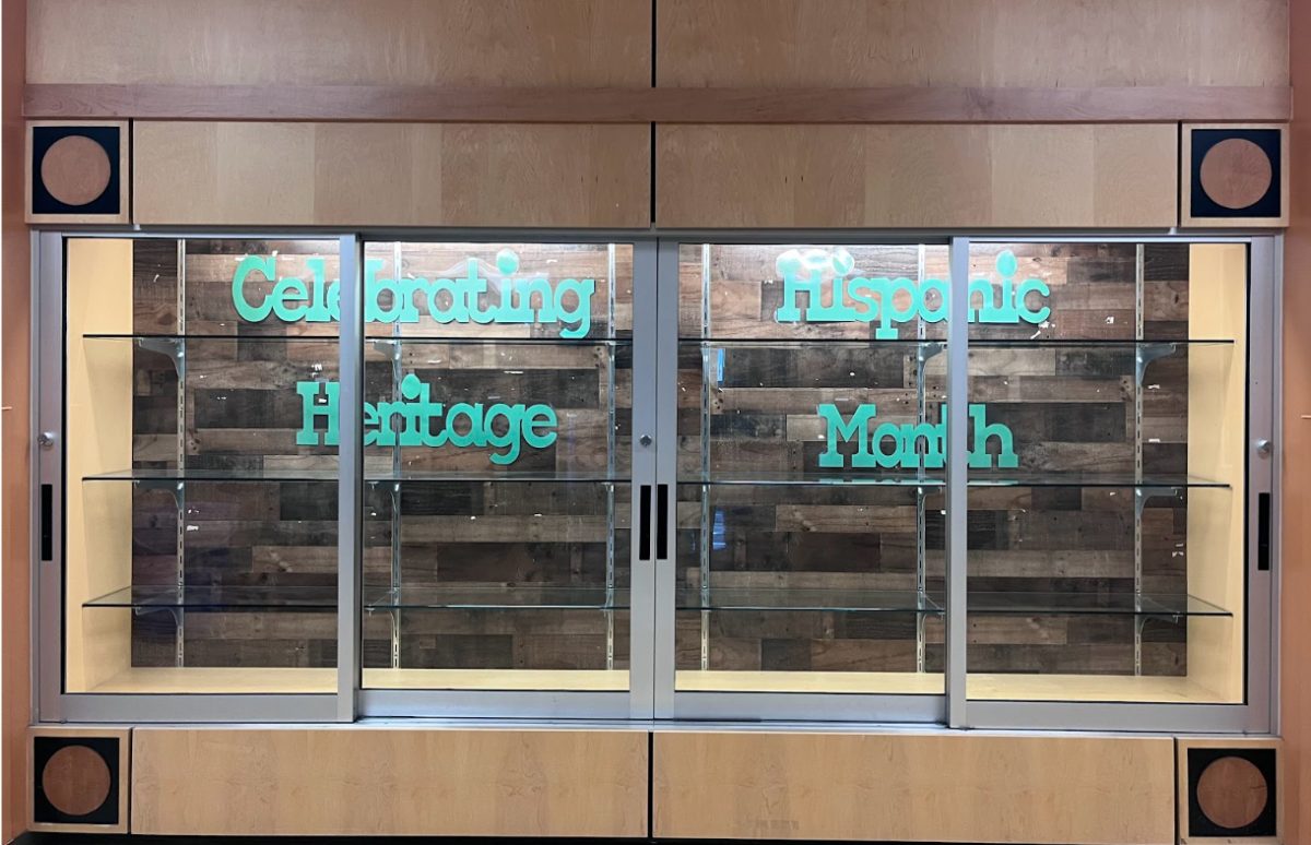 Display case in upper D wing celebrating Hispanic Heritage Month. 