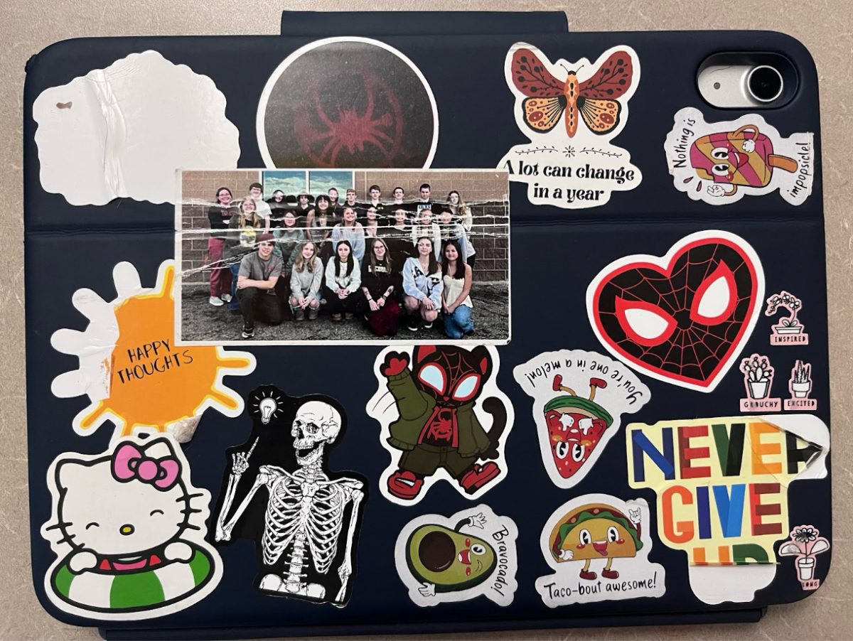 Payton Grasser (‘26) has multiple Spider-Man, Journalism, and encouraging quote stickers.
