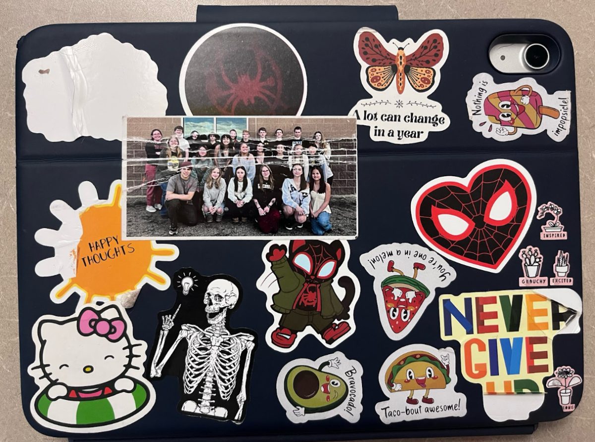 Payton Grasser (‘26) has multiple Spider-Man, Journalism, and encouraging quote stickers.